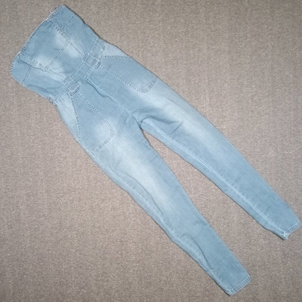 Women's MEBON Size S Strapless Jumpsuit Medium Wash Slim StretchFading Zip Back